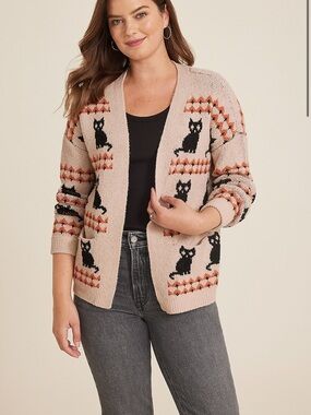 Maurices Cream Cat Print Cardigan with Black and Orange Accents (Discontinued)